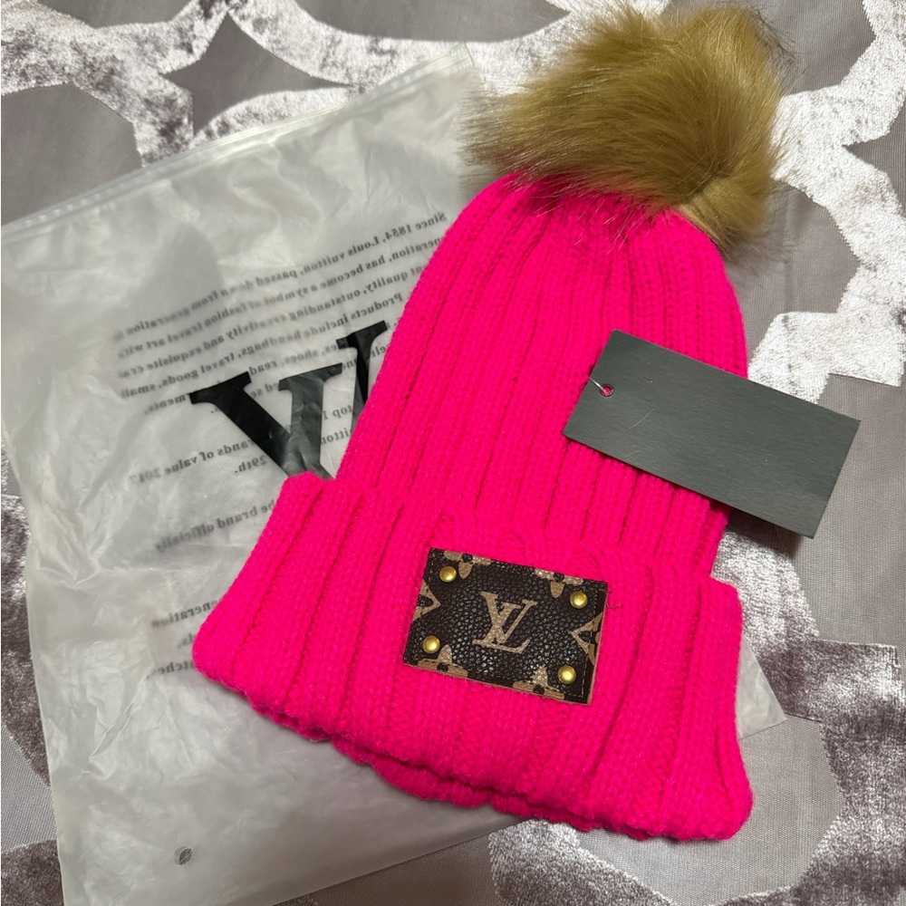 Up cycled Fashion  Vibrant Pink Beanie with Fur Pom
